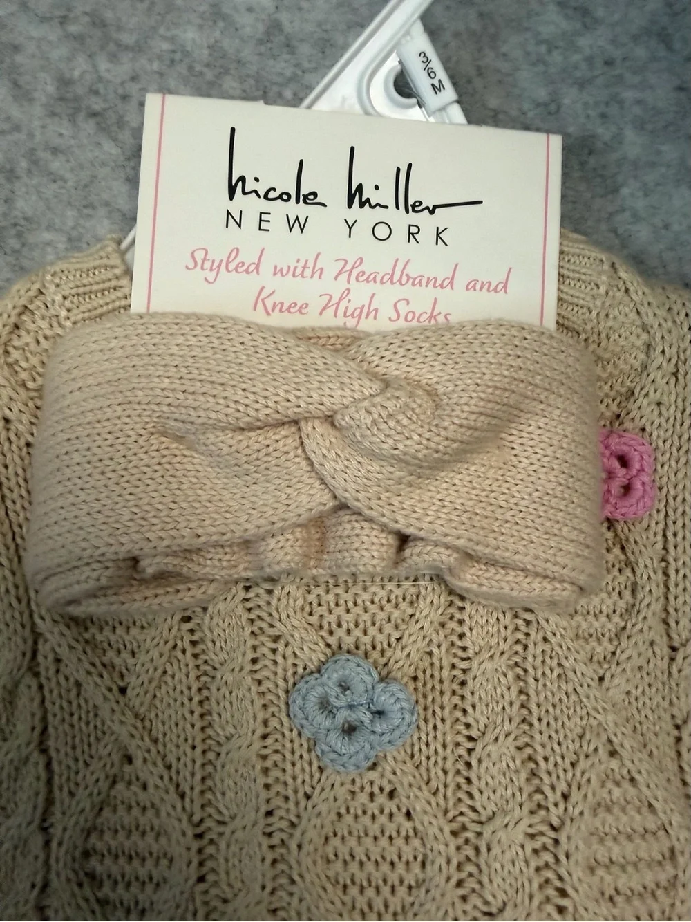 Baby Knit Dress & Bloomer Set - Beige with Pastel Floral 3-6mo